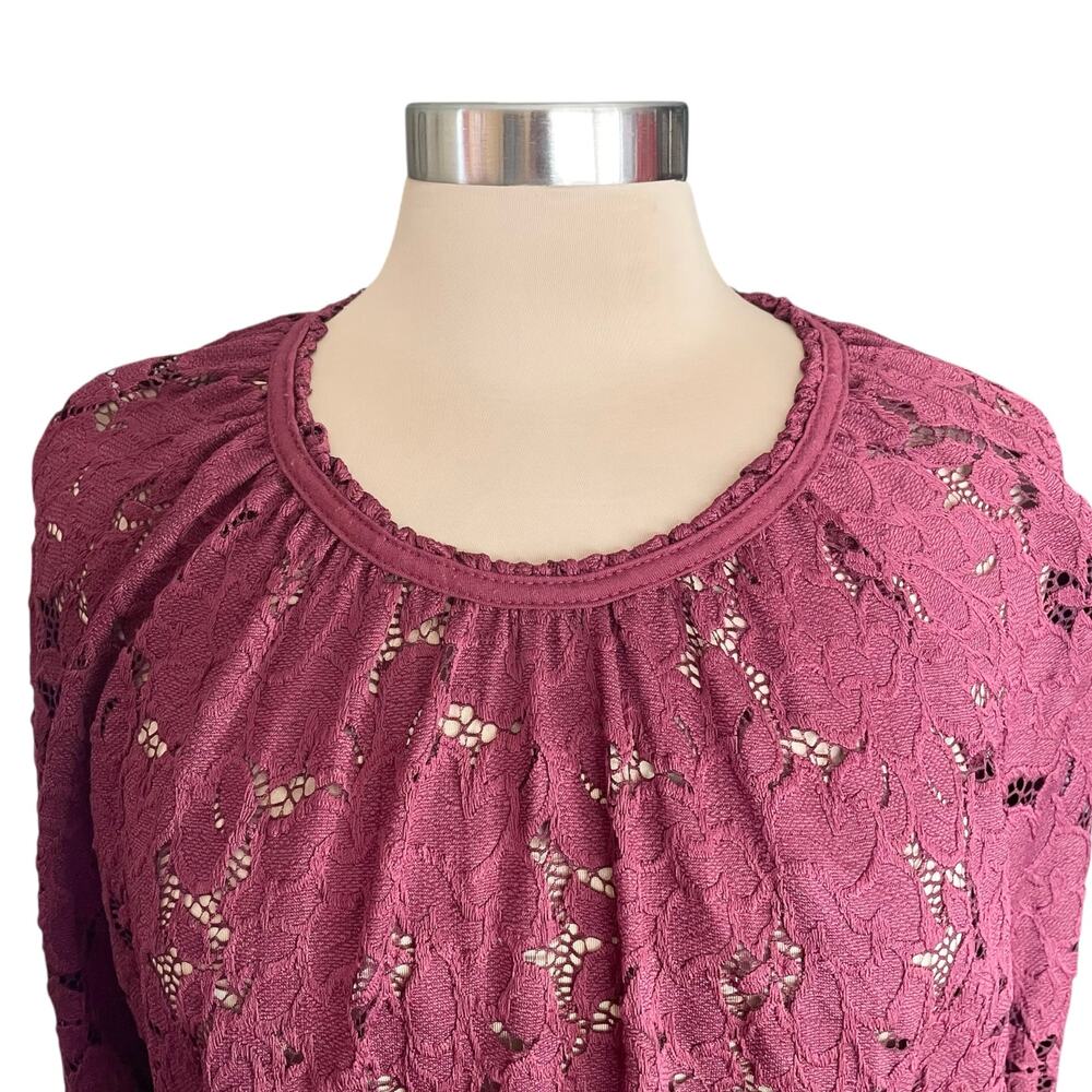 Free People Olivia Wine Lace Blouse SMALL Sheer Long Sleeves Boho Romantic - Picture 5 of 12
